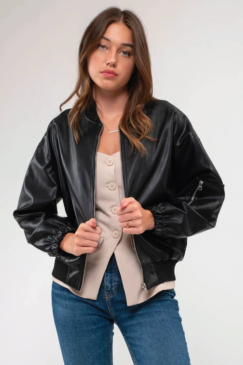 This Is It Faux Leather Bomber Jacket In Black