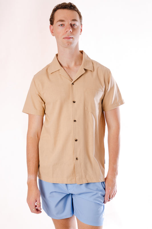 Airy Linen Short Sleeve Shirt  - TAN