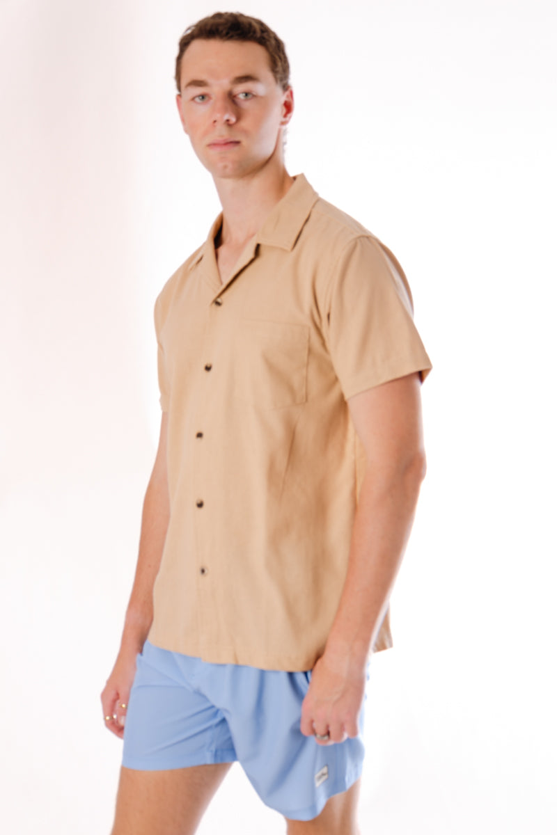 Airy Linen Short Sleeve Shirt  - TAN