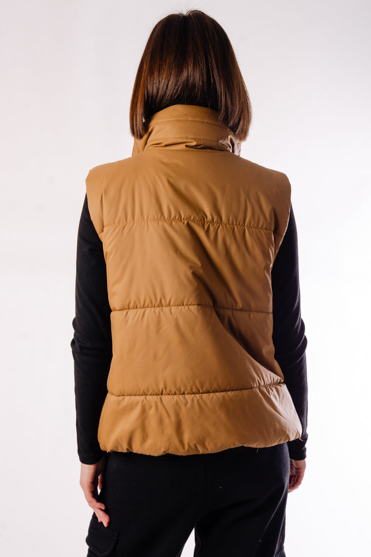 Asymmetrical Zip-Up Puffer Vest - BRN