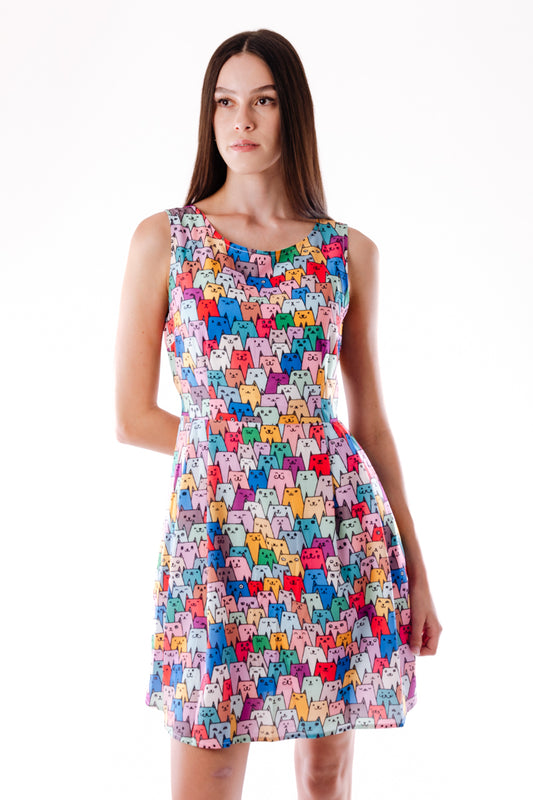 Cat Print Dress - MUL