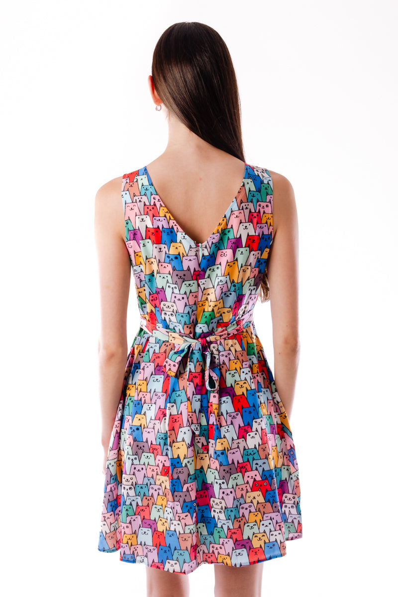 Cat Print Dress - MUL