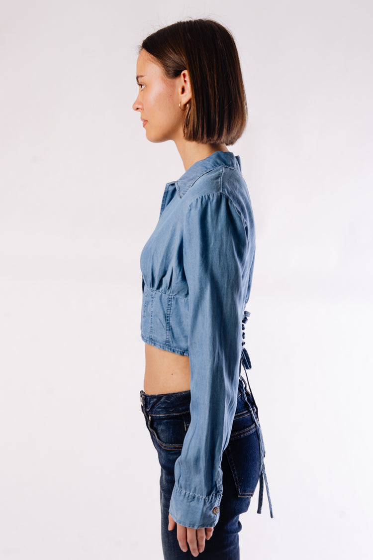 Chambray Collared Crop Top - CHM