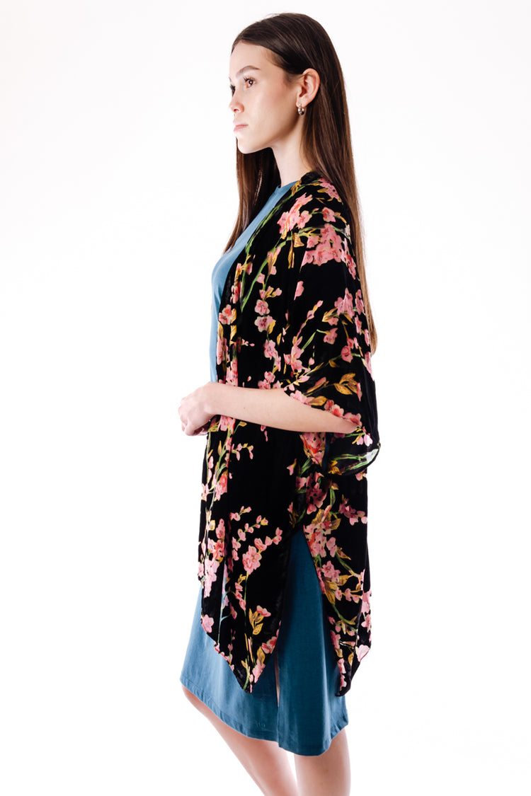 Cherry Blossom Velvet Kimono - BLK