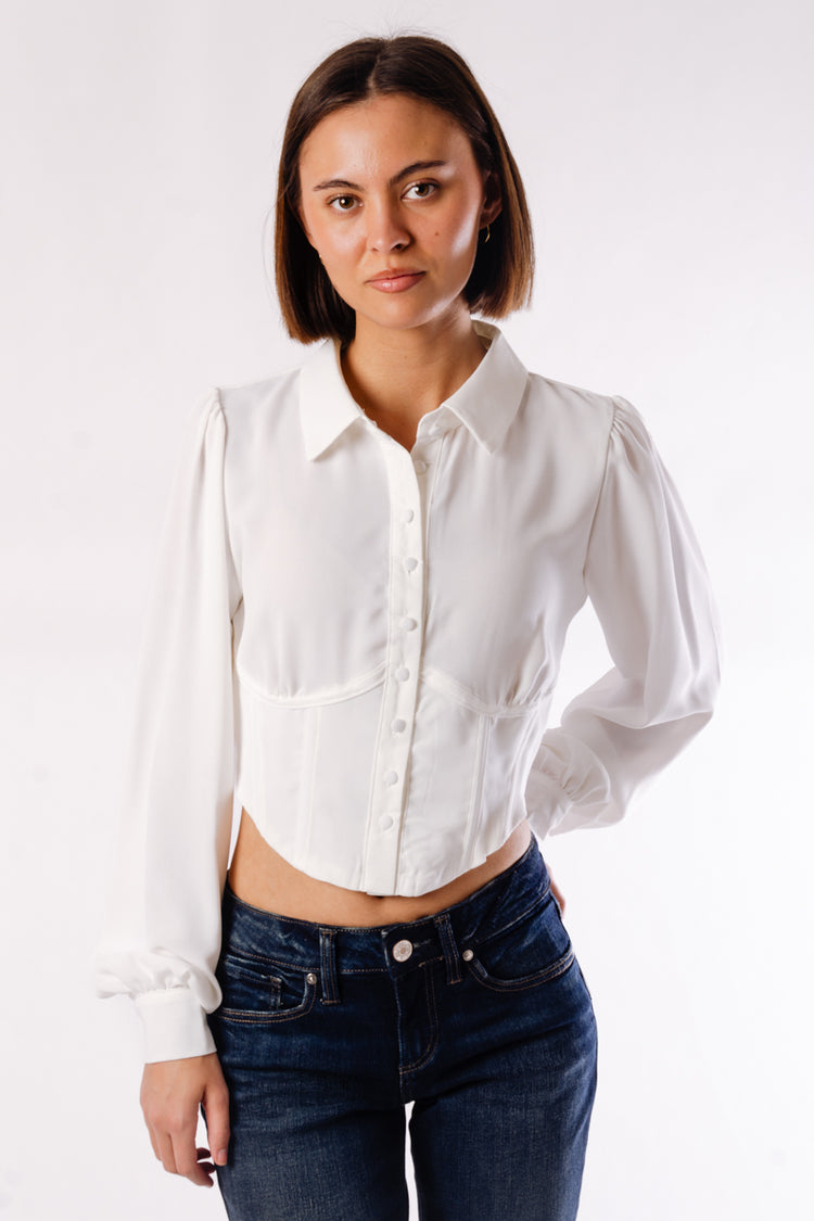 Collared Button Corset Top - WHT