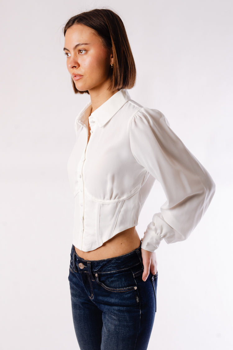 Collared Button Corset Top - WHT