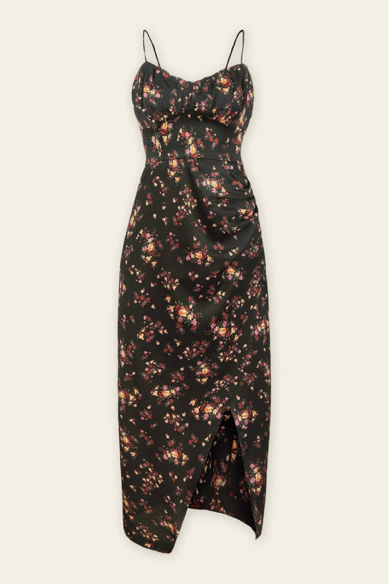 Dark Floral Midi Tie-Back Dress