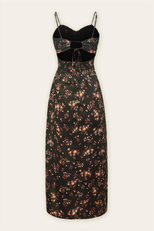 Dark Floral Midi Tie-Back Dress - BLK