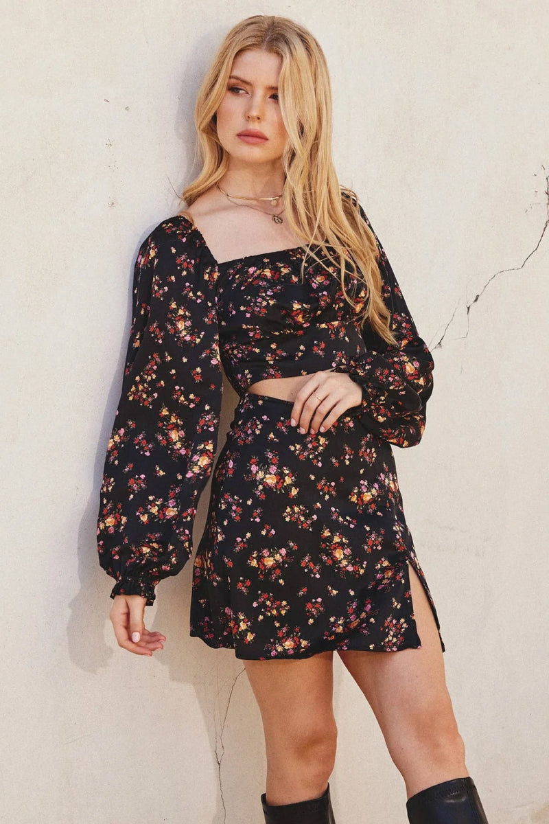 Black top with floral skirt dress best sale