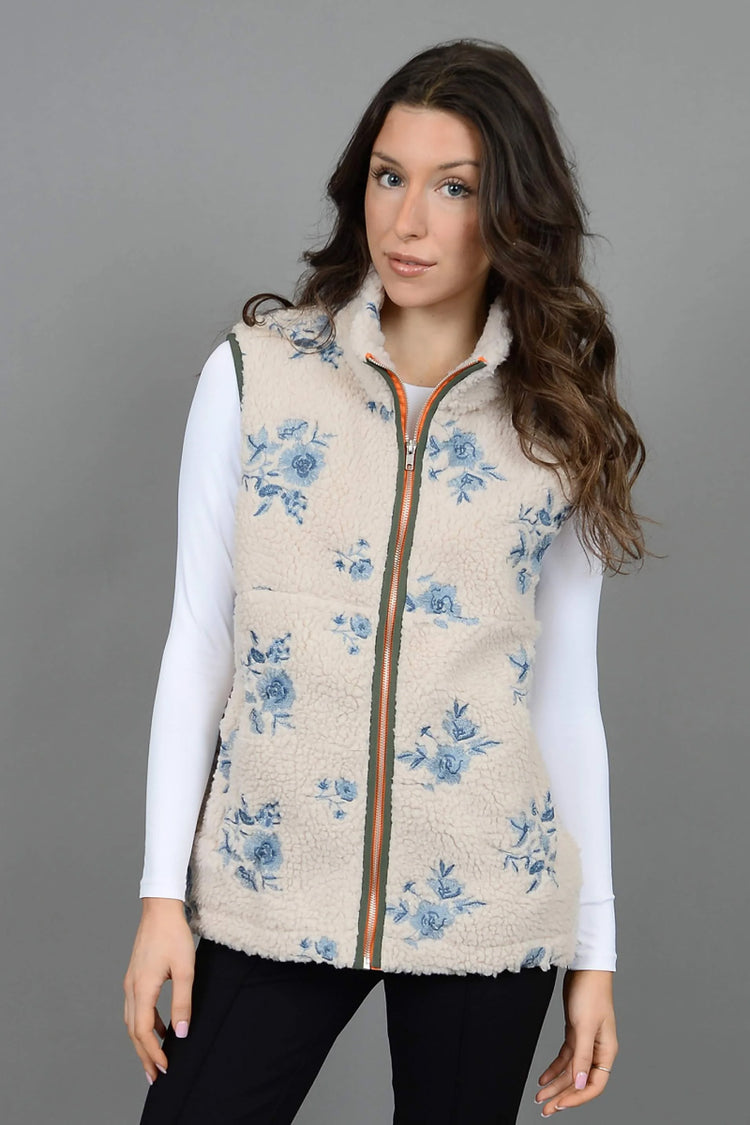 Embroidered Floral Sherpa Vest - CRM