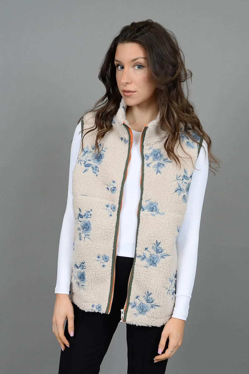 Embroidered Floral Sherpa Vest - CRM