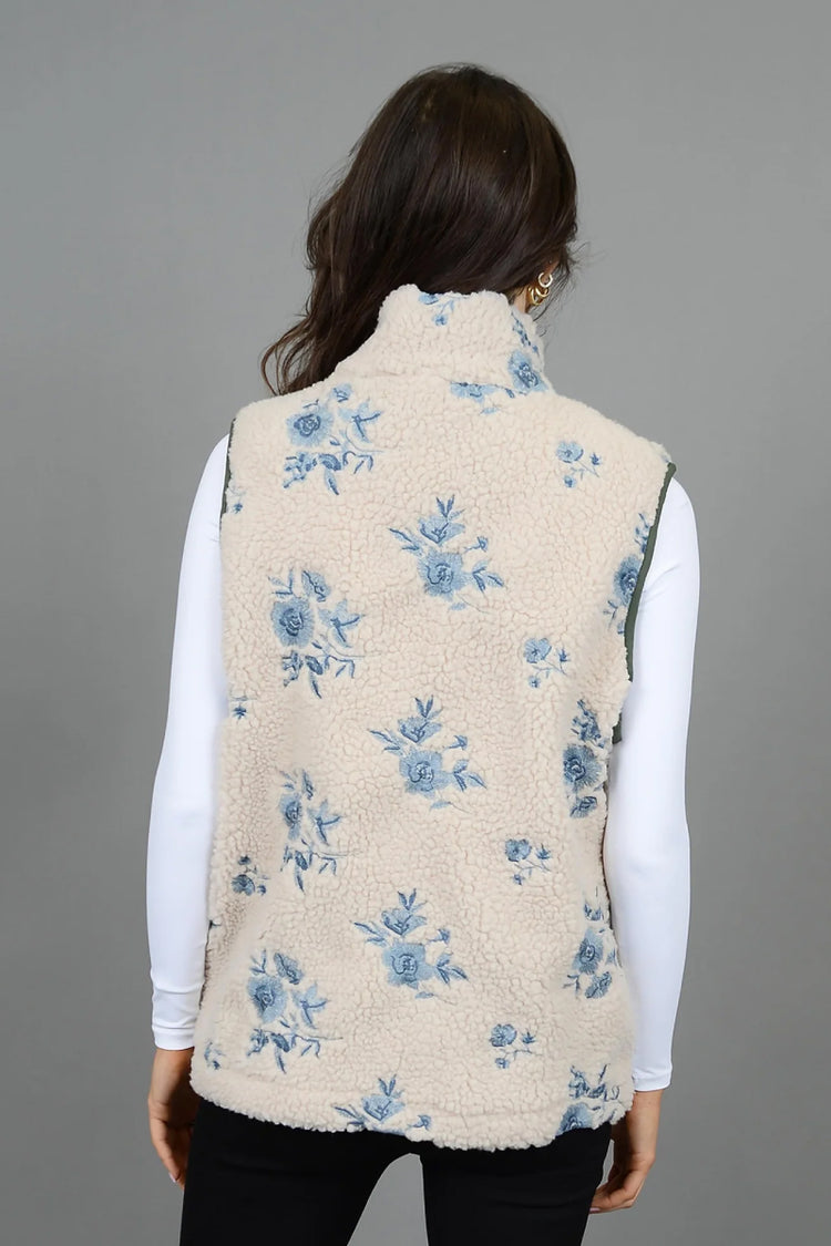 Embroidered Floral Sherpa Vest - CRM