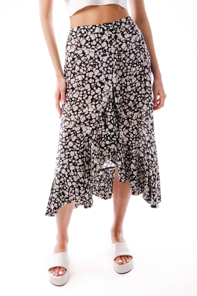 Floral Midi Front Slit Skirt - BLK