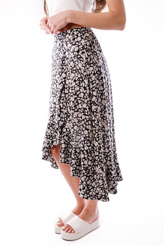 Floral Midi Front Slit Skirt - BLK