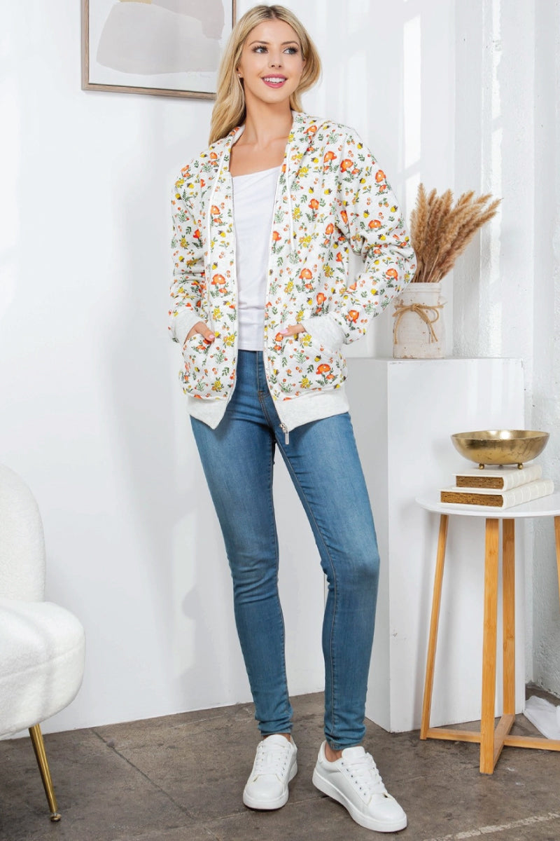 Floral & Mushroom Zip-Up Hoodie - MUL