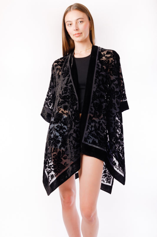 Floral Velvet Kimono - BLK