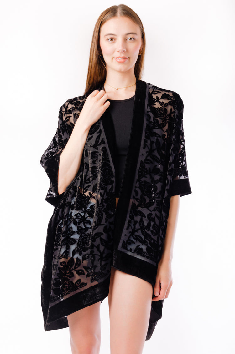 Floral Velvet Kimono - BLK