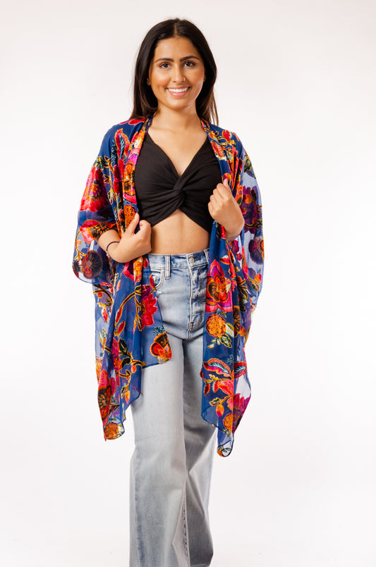 Floral Velvet Kimono - BLU