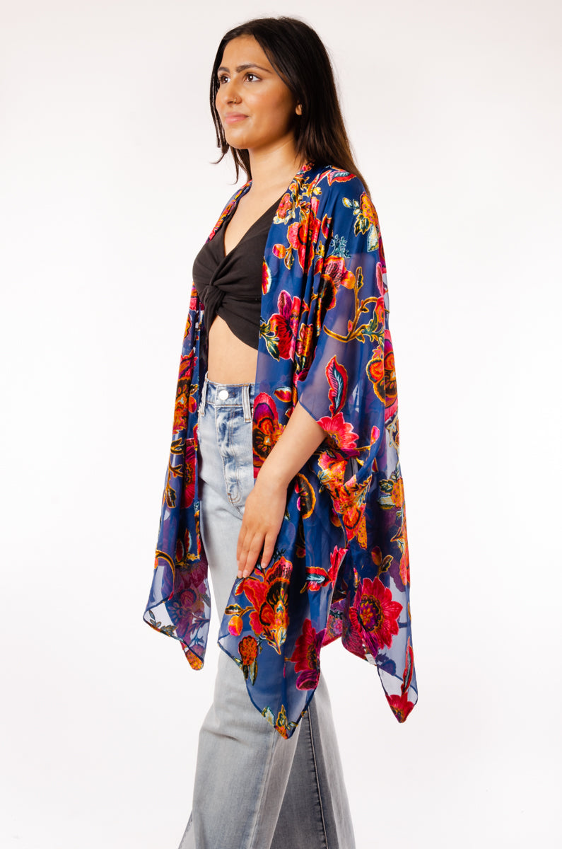 Blue floral kimono cardigan best sale