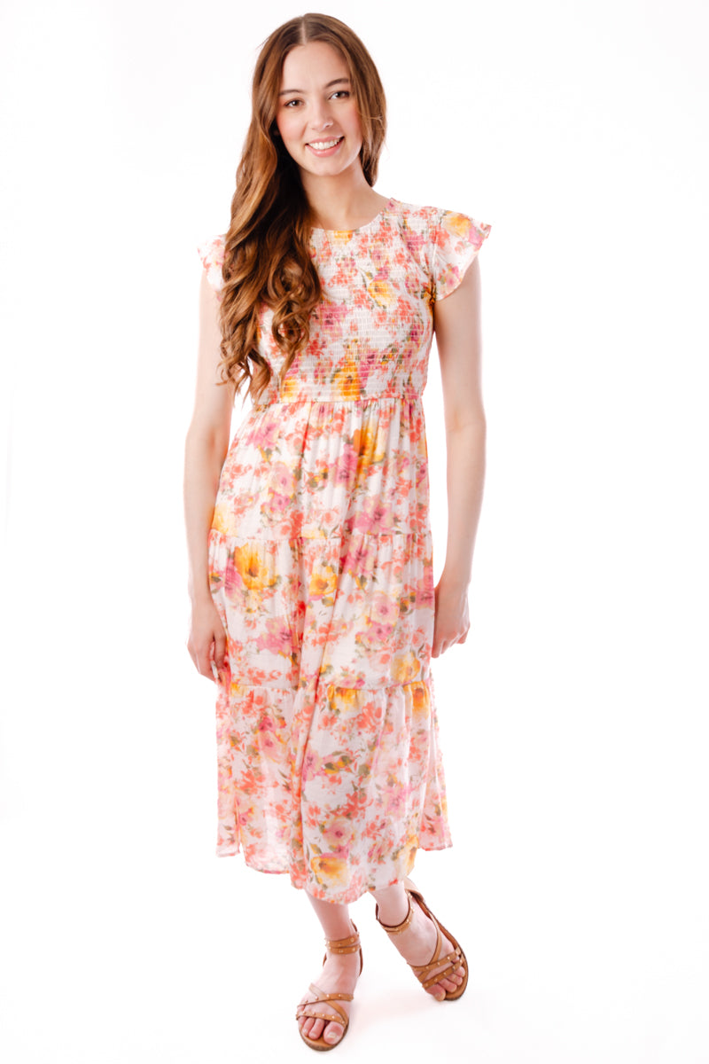 Smocked Floral Midi Dress - IVR