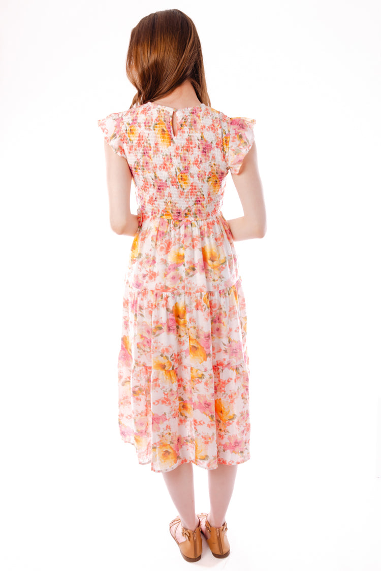 Smocked Floral Midi Dress - IVR