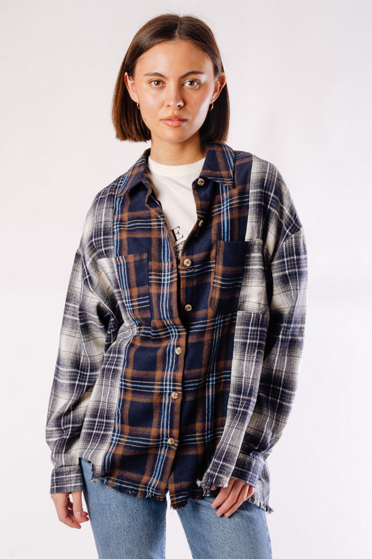 Plaid Patchwork Button Down Shirt - NVY