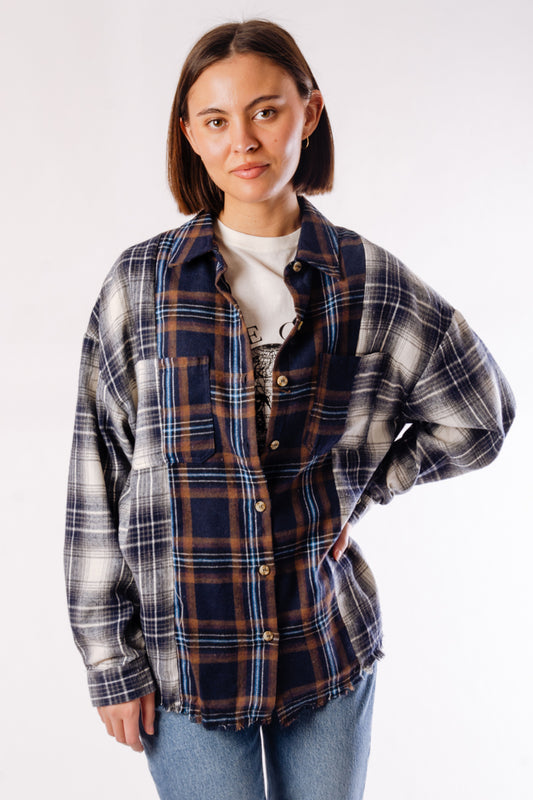 Plaid Patchwork Button Down Shirt - NVY