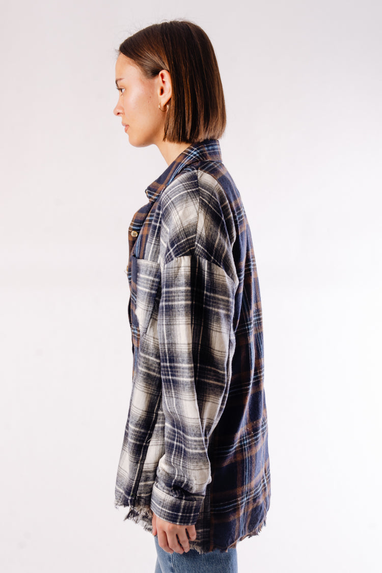 Plaid Patchwork Button Down Shirt - NVY