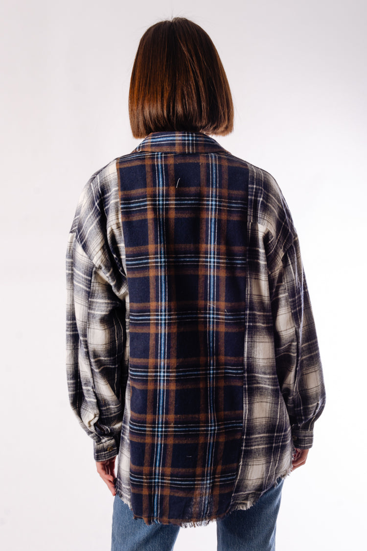 Plaid Patchwork Button Down Shirt - NVY