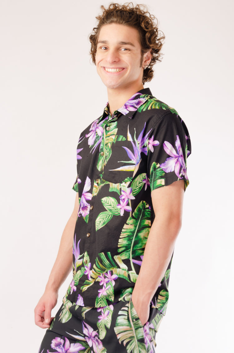 Purple Hawaiian Short Sleeve Shirt - BLK