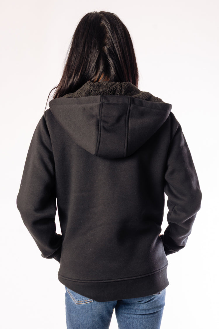 Relaxed Sherpa Lined Full Zip Hoodie - BLK