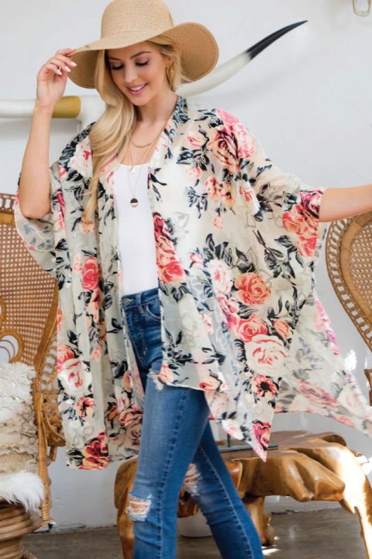 Rose Printed Velvet Kimono - WHT