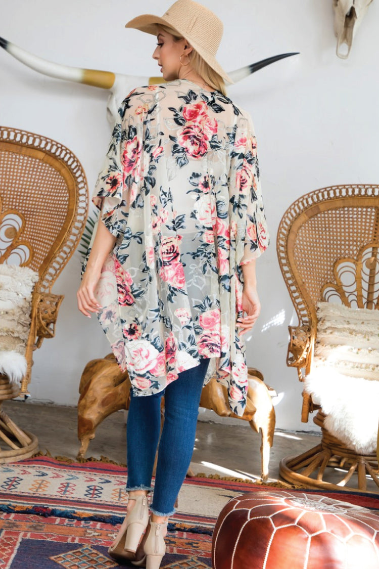 Rose Printed Velvet Kimono - WHT