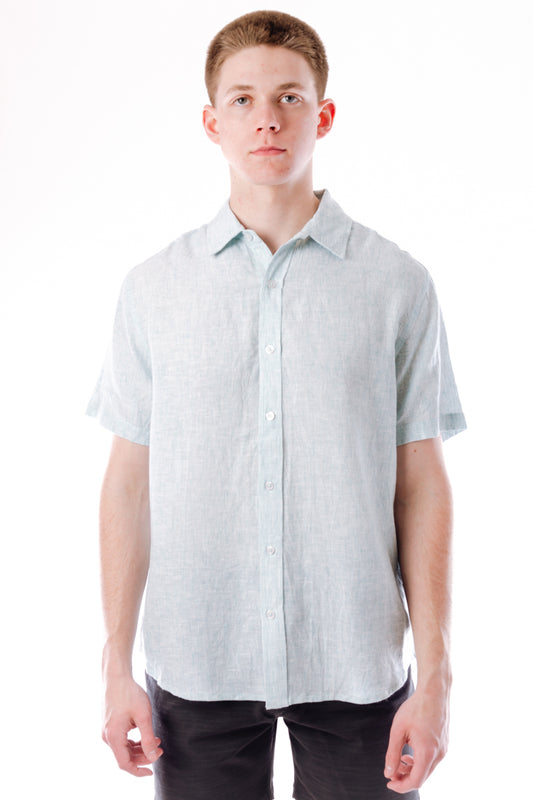 Solid Linen Short Sleeve Shirt - AQU