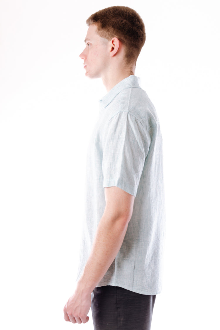 Solid Linen Short Sleeve Shirt - AQU