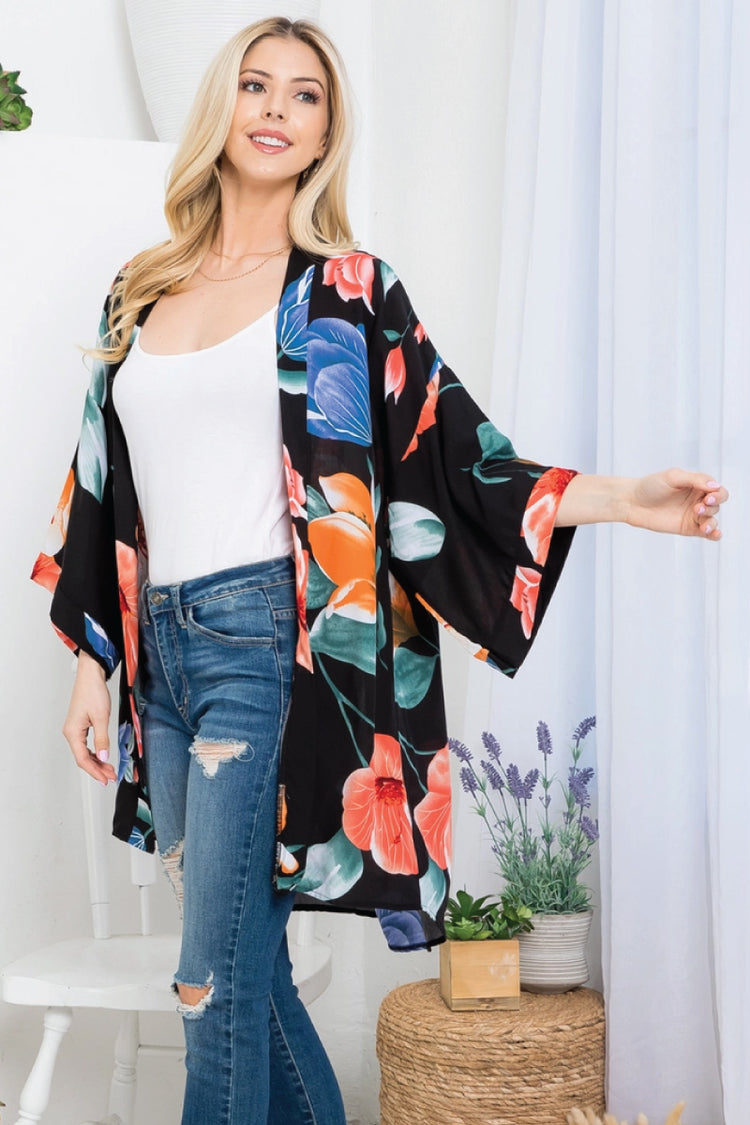 Tropical Floral Kimono - BLK